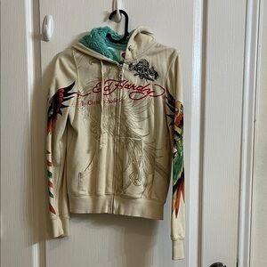 Ed Hardy Cream Hoodie with Parrot Design